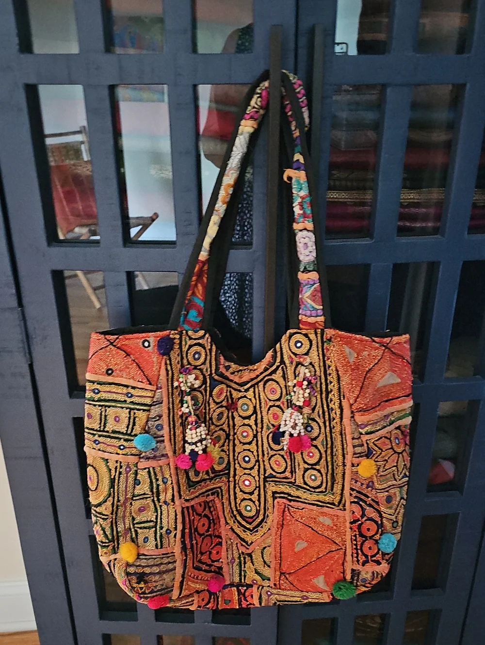 Handmade Embroidered Orange Tribal Tote Bag with Pom-Pom Accents
